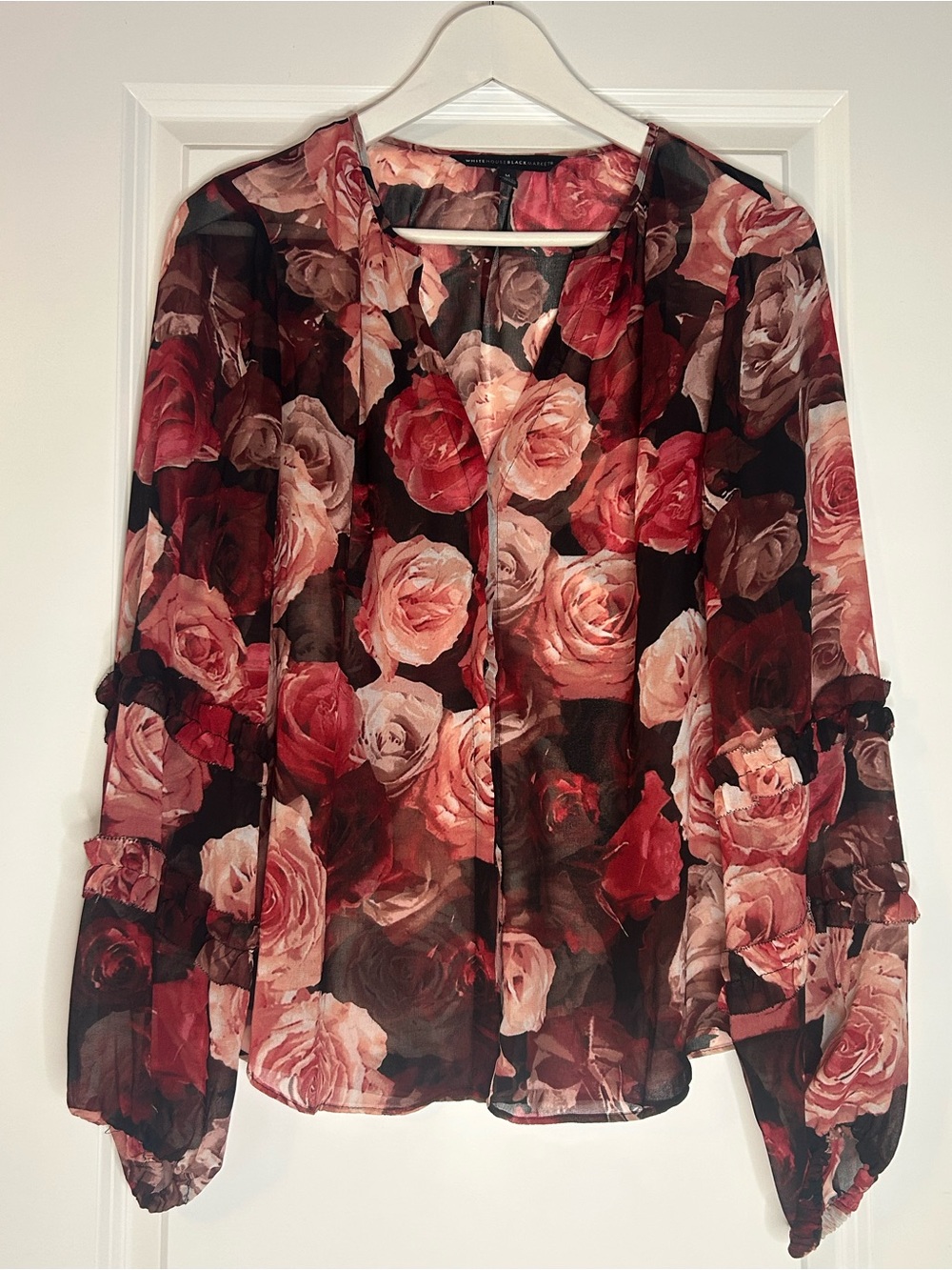 White House Black Market Sheer Long Sleeved Rose-Print Blouse, Medium